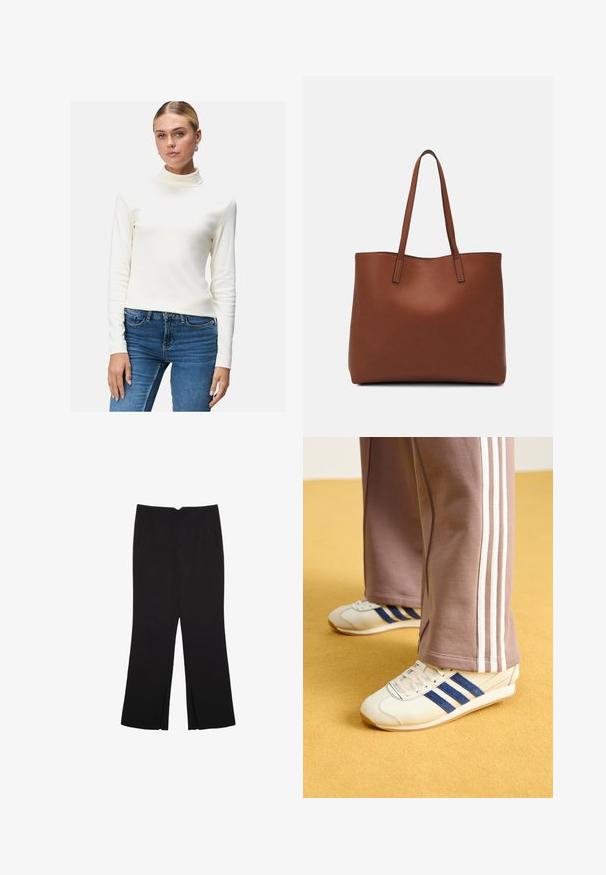 Cremfarbener Rollkragenpullover mit langen Ärmeln aus weichem Material, figurbetontes Design, glatte Textur, getragen mit dunkelblauen Jeans.; Schwarze Hose mit geradem Schnitt, ausgestattet mit Fronttaschen und Seitenschlitzen am Saum. Hergestellt aus weichem, glattem Stoff. Geeignet für verschiedene Anlässe.; Cremfarbene Sneaker mit blauen Wildlederstreifen, weißen Schnürsenkeln und einer Gummisohle. Kombiniert mit grauen Jogginghosen mit weißen Seitenstreifen.; Braune Leder-Tote mit glatter Textur, offenem Oberteil und zwei Schulterriemen. Verfügt über minimale Nähte und keine sichtbaren Beschläge.