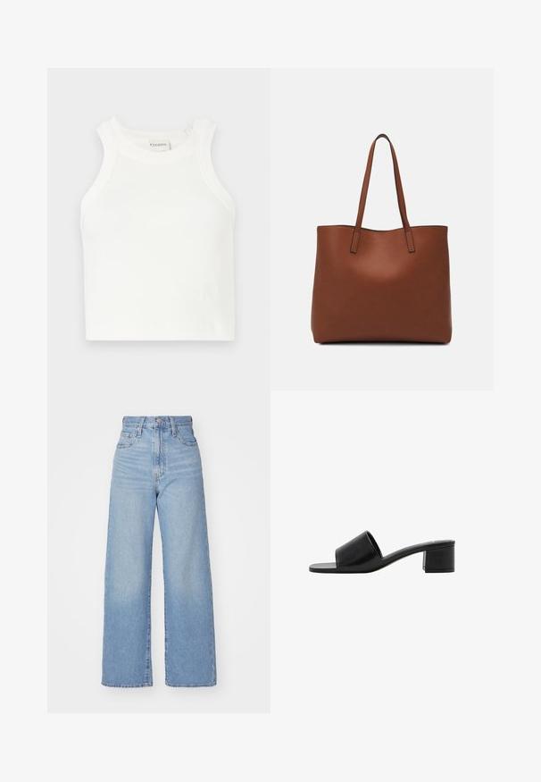 Vit ribbad linne med vida axelremmar och en figurnära silhuett. Har en liten präglad logotyp nära fållen.; Ljusblå högmidjade vida jeans med knapp- och dragkedjestängning, fram- och bakfickor, mot en vit bakgrund.; Svart läder öppen-toe slide sandal med ett brett band och en solid klack. Har en slät yta och minimalistisk design.; Brun läder tote-väska med en slät textur, öppen toppdesign och två axelremmar. Har minimal söm och ingen synlig metalldetalj.