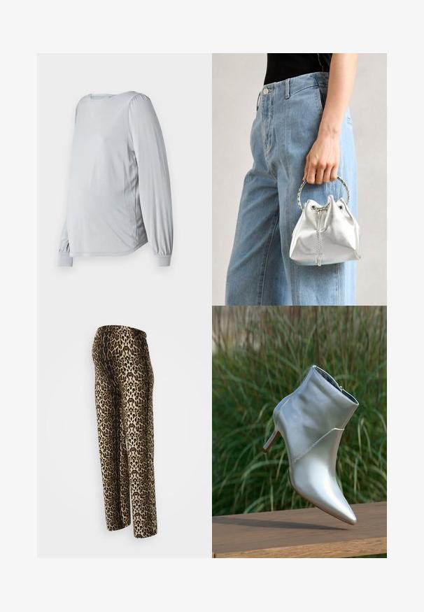 Light gray, long-sleeve top with a rounded neckline, puffed sleeves, and a loose fit, designed for comfort during pregnancy.; Leopard print pants, featuring a smooth texture, elastic waistband, and relaxed fit. Colors include beige, brown, and black.; Shiny silver high-heeled ankle boot with pointed toe and zipper, balanced on wooden surface in front of green grass background.; Metallic silver bucket bag with a textured finish, adorned with a silver round handle and drawstring closure, held against light blue jeans.
