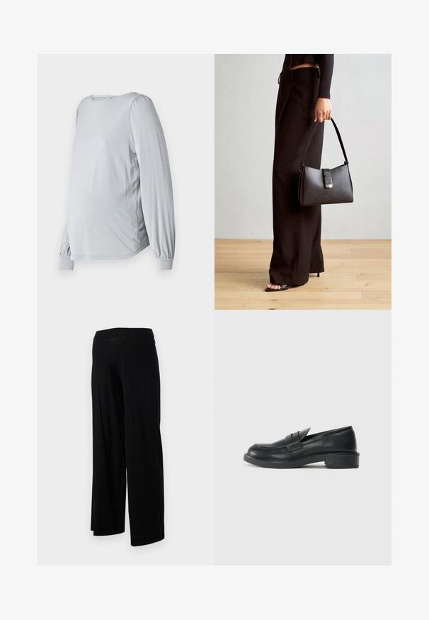 Svetlo šedý dlhý rukáv s okrúhlym výstrihom, nadúvanými rukávmi a voľným strihom, navrhnutý pre pohodlie počas tehotenstva.; Čierne široké nohavice s elastickým pásom a hladkým, pružným povrchom. Majú jednoduchý dizajn, bez vzorov alebo ozdôb.; Čierne kožené mokasíny s okrúhlym špičkou, prešívanými detailmi a malým opätkom. Hladký povrch a flexibilná gumová podrážka.; Čierna kabelka so štruktúrovaným tvarom, hladkou textúrou a kovovou sponou. V kombinácii so širokými čiernymi nohavicami a sandálmi s otvorenou špičkou na drevenej podlahe.