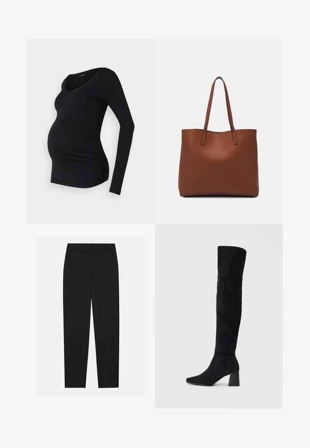 Blusa de maternidade preta de mangas longas com decote em estilo scoop, apresentando detalhes franzidos nas laterais para um visual ajustado. Feita de tecido suave.; Calças pretas com um design ajustado, apresentando bolsos laterais e pernas retas. Feitas de um tecido suave e leve com um acabamento elegante.; Bota de camurça preta até ao joelho com salto bloco, bico fino e design suave e sem costuras sobre um fundo claro.; Bolsa tote de couro castanho com uma textura suave, design de abertura superior e duas alças para o ombro. Apresenta costura mínima e sem hardware visível.