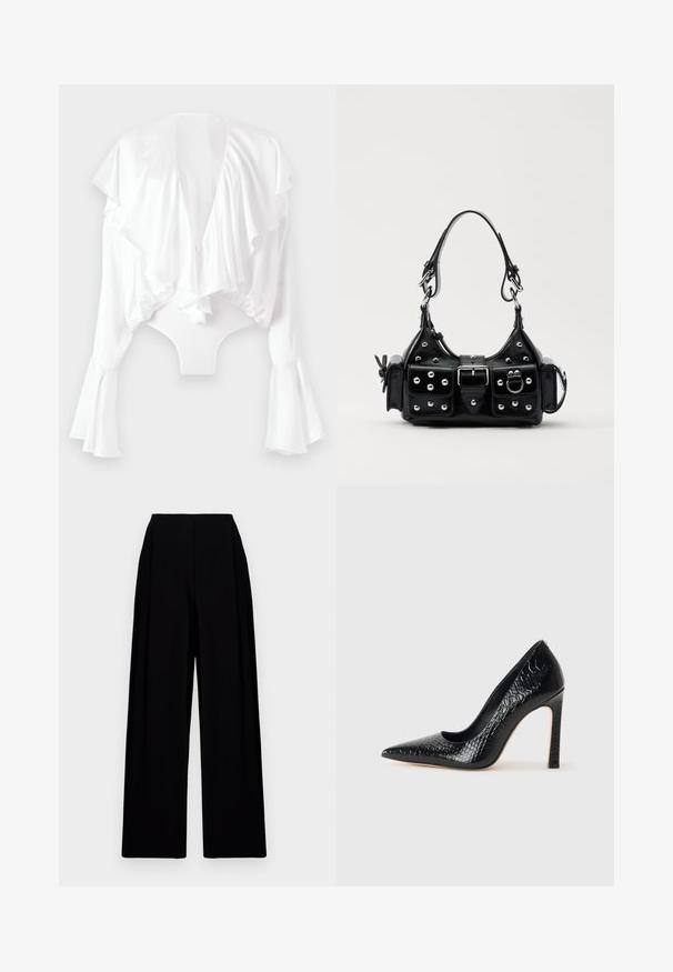 White bodysuit with a deep V-back, ruffled front, and flared sleeves. Made of smooth, shiny fabric with a fitted design.; Wide-leg black trousers with a high waistband, featuring a smooth texture and clean lines. No visible fastenings or patterns.; Black pointed-toe high heel shoe with a crocodile-skin texture, featuring a sleek design, high stiletto heel, and smooth black interior.; Black leather handbag with a curved design, featuring silver studs, a buckle, and two side pockets. Adjustable strap for carrying options.