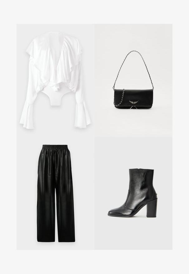 Balts bodijs ar dziļu V formu aizmugurē, volānu priekšpusi un izplestām piedurknēm. Izgatavots no gludas, mirdzošas auduma ar pieguļošu dizainu.; Melna ādas plata kāju bikses ar elastīgu jostu, ar divām sānu kabatām un gludu, spīdīgu tekstūru.; Melnas ādas potīšu zābaki ar gludu tekstūru, smailu purngalu un masīlu augstu papēdi. Iekļauts sānu atvērums un minimālistisks dizains.; Melnas ādas rokassomā ar sudraba ķēdes siksnu, kurai ir dekoratīvi spārnu akcenti un baltā šuvēšana apakšējā šuvē.