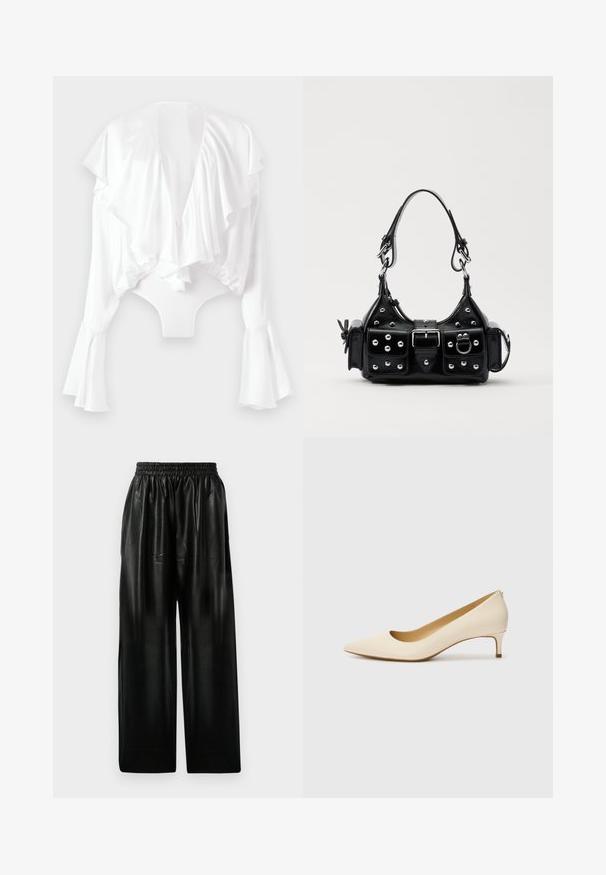 Bela bodi s globokim V-izrezom na hrbtu, nabranim spredaj in širokimi rokavi. Narejen iz gladke, sijoče tkanine s prilegajočim se dizajnom.; Črne usnjene hlače širokega kroja z elastičnim pasom, ki imajo dve stranski žepi in gladko, sijočo teksturo.; Bež čevlji s koničastim prstom, izdelani iz gladkega sintetičnega materiala, z nizko peto in obliko, ki omogoča enostavno natikanje, ter subtilnim detajlom na hrbtni strani.; Črna usnjena torbica s ukrivljenim dizajnom, ki vsebuje srebrne žebljičke, zaponko in dve stranski žepki. Nastavljiv trak za različne možnosti nošenja.