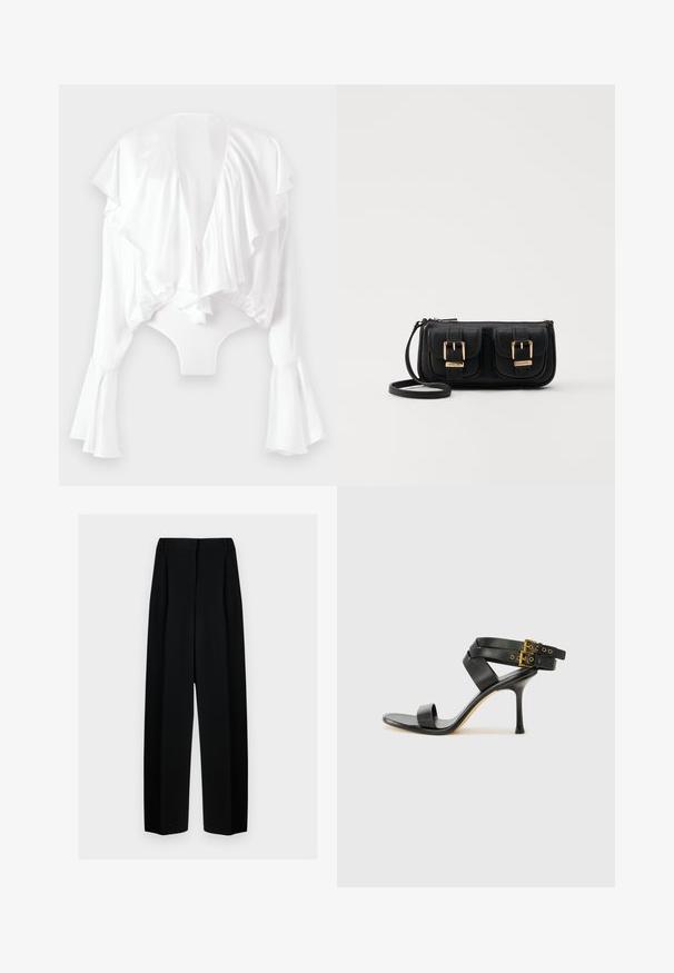 White bodysuit with a deep V-back, ruffled front, and flared sleeves. Made of smooth, shiny fabric with a fitted design.; Black wide-leg trousers with a high waist, featuring pleats and a smooth texture. The fabric appears lightweight and drapes elegantly.; Black heeled sandal with crossed straps and adjustable buckle. Features a smooth texture and tapered stiletto heel.; Black leather crossbody bag with two front pockets, gold buckles, zipper closure, and a slim strap. Textured surface and compact rectangular shape.
