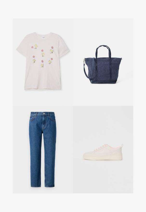 RE/DONE 70S LOOSE TEE WOODSTOCK - Print T-shirt - vintage white; Blue denim jeans with a straight-leg cut, featuring a button closure, belt loops, and front pockets. Made from textured cotton fabric.; White leather sneaker with pink accents, featuring a textured side panel, round toe, flat rubber sole, and decorative perforations.; Navy denim tote bag with dual handles, detachable strap, zip closure, and textured finish; features a structured, spacious design.