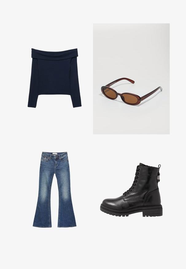 Stradivarius OFF-THE-SHOULDER - Pitkähihainen paita - dark blue; Farkkujen leveälahkeet keskipäivän sinisessä, jossa on kulumisen yksityiskohtia. Ominaisuuksiin kuuluu klassinen viisi taskua -design ja kontrastivärinen ompelu nappisuljennalla.; Musta nahkasaapas nilkkamittaisella varrella, pyöreällä varpaan osalla, nauhakiinnityksellä ja kuvioidulla kumipohjalla. Takana on vetonauha ja vahvistetut saumat.; Pyöreät, ruskehtavat aurinkolasit, joissa on kiiltävä burgundinpunainen runko. Kapeat sivut, joissa on hienovarainen brändäys. Litteät linssit.; Ruskean kudottu nahkainen käsilaukku, jolla on löysä, kolmiomainen muoto. Varustettu punotulla kahvalla ja vetoketjukiinnityksellä ylhäällä.