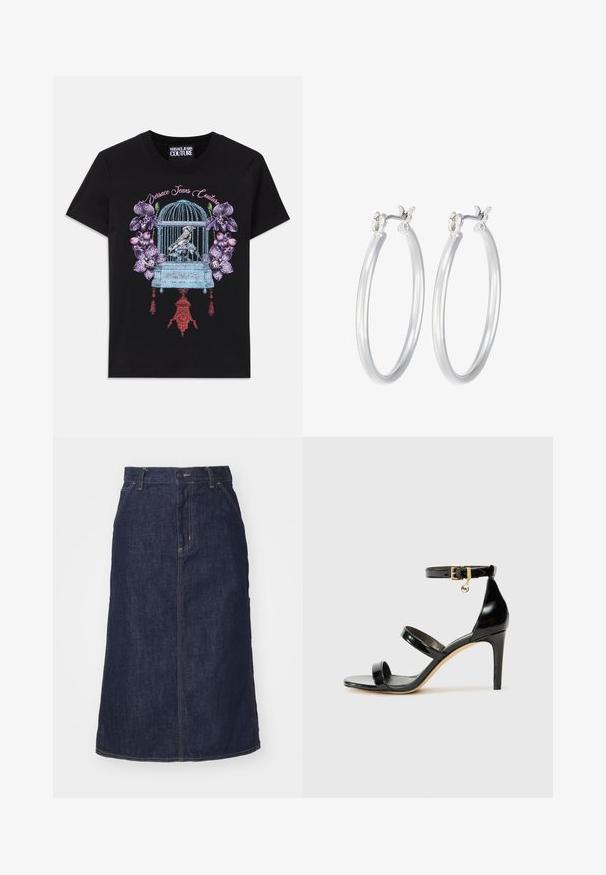 Juodas marškinėliai su spalvinga grafika, vaizduojančia narvą su paukščiu, apsuptu orchidėjų. Dizainas apima išsamius raštus ir tekstūras.; Tamsiai mėlynas džinsinis sijonas su aukštu liemeniu, tiesiu kirpimu, priekinėmis kišenėmis ir siūlėmis. Turi užtrauktuką ir sagą liemenyje.; Juodas patentuotas odinis sandalai su trimis diržais, kulkšnies sagtimi ir 4 colių stiletto kulnu. Yra aukso detalės ir logotipo žavesys.; Sidabriniai auskarai su sklandžiu, poliruotu paviršiumi. Apvalios formos ir saugus uždarymo mechanizmas. Lengvas dizainas, tinkantis kasdieniam dėvėjimui.