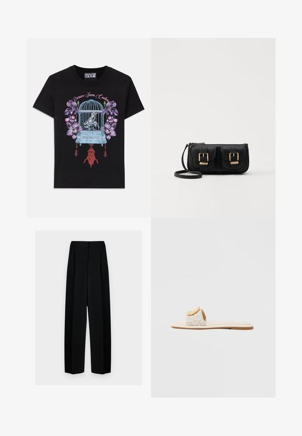 Svart t-skjorte med et fargerikt grafisk design av et fuglebur med en fugl, omgitt av orkideer. Designet har intrikate detaljer og teksturer.; Svart vide bukser med høy livhøyde, med folder og en glatt tekstur. Stoffet virker lett og faller elegant.; Slip-onsandal med en beige rem med geometrisk mønster, en rundet gul detalj på overdelen og en flat, lys såle.; Svart skinn crossbody veske med to frontlommer, gyldne spenner, glidelåslukking og en slank stropp. Teksturert overflate og kompakt rektangulær form.