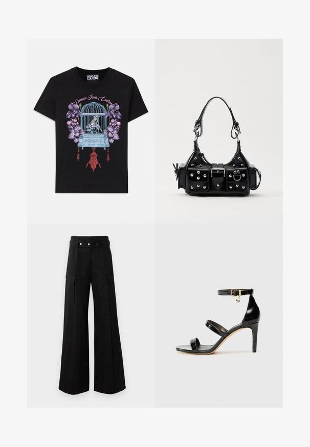 Černé tričko s barevným grafickým návrhem ptačí klece s ptákem, obklopené orchidejemi. Design obsahuje intricátní detaily a textury.; Černé kalhoty s širokými nohavicemi a vysokým pasem, které mají velké boční kapsy, dva přední knoflíky a detail v podobě poutka. Vyrobeno z pevné látky.; Černé lakované kožené sandály se třemi pásky, sponou na kotníku a 10 cm jehlovým podpatkem. Obsahují zlaté kovové detaily a logo přívěsek.; Černá kožená kabelka s křivkovým designem, zdobená stříbrnými hřebíky, s přezkou a dvěma bočními kapsami. Nastavitelný popruh pro různé možnosti nošení.