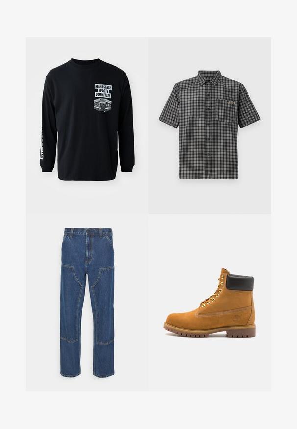 Black long-sleeve t-shirt with crew neck. Features white printed graphics: "Manastash Sports Committee" and a design on the left chest.; Short-sleeve shirt in black and white plaid pattern, featuring a button-down collar, front pocket, and a small label on the chest.; Blue denim jeans with a straight leg, front patch pockets, and contrasting stitches. The fabric has a classic texture and finish.; Tan suede ankle boot with black padded collar, gold metal eyelets, white stitching detailing, and rugged rubber sole with pronounced treads.