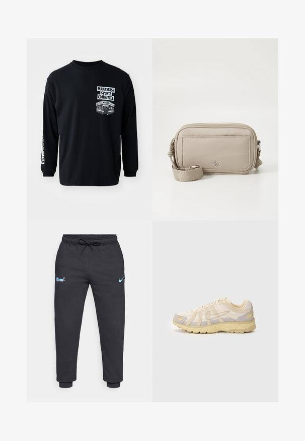 T-shirt nero a maniche lunghe con colletto a girocollo. Presenta grafiche stampate bianche: "Manastash Sports Committee" e un design sul lato sinistro del petto.; Pantaloni sportivi neri realizzati in morbido tessuto, con vita regolabile a cordoncino, polsini elastici e logo "Miami" in viola e blu; logo Nike in azzurro.; Scarpa sportiva beige e grigia con tomaia in mesh, motivi testurizzati e suola imbottita con un accento giallo. Design minimalista.; Borsa a tracolla beige con un'esterno in nylon liscio, chiusura con zip, tracolla regolabile e una tasca frontale con un discreto dettaglio del logo.