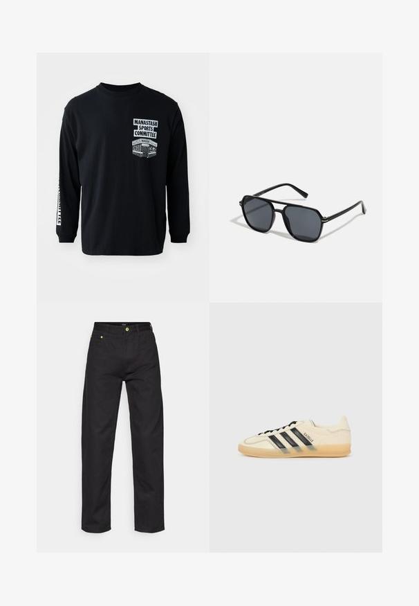 Tricou negru cu mânecă lungă și guler rotund. Prezintă grafica imprimată albă: "Comitetul Sportiv Manastash" și un design pe pieptul stâng.; Pantaloni din denim negru cu croi drept, având nasturi de accent verzi și un design standard cu cinci buzunare. Textură netedă, stil clasic.; Tenis cu crem deschis, cu design cu trei dungi negre, parte superioară texturată, vârf rotund și talpă din cauciuc. Include șireturi și branding pe lateral.; Ochelari de soare negri cu ramă octogonală, lentile întunecate, finisaj lucios, temple subțiri și accente aurii în partea din față.