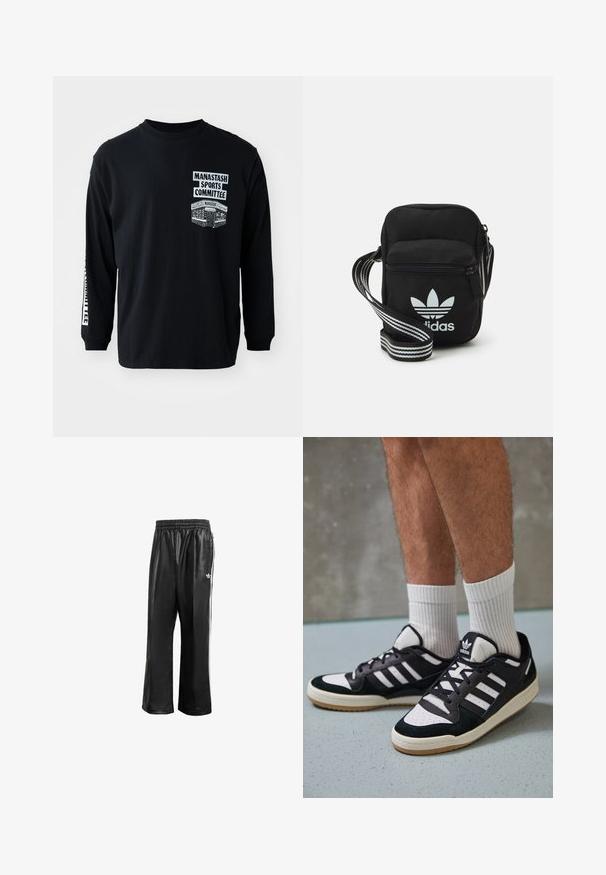 Czarna koszulka z długim rękawem i okrągłym dekoltem. Posiada białe nadruki: "Manastash Sports Committee" oraz wzór na lewej piersi.; Czarne syntetyczne spodnie dresowe z elastycznym pasem, z białymi paskami po bokach i małym białym logo na lewym biodrze.; Czarno-białe sneakersy z zamszową i skórzaną cholewką, z trzema białymi paskami, perforowanym czubkiem i gumową podeszwą w kolorze gumy.; Czarna torba crossbody wykonana z materiału, z zamknięciem na zamek błyskawiczny, z białym logo Adidas oraz regulowanym paskiem w paski, co ułatwia noszenie.