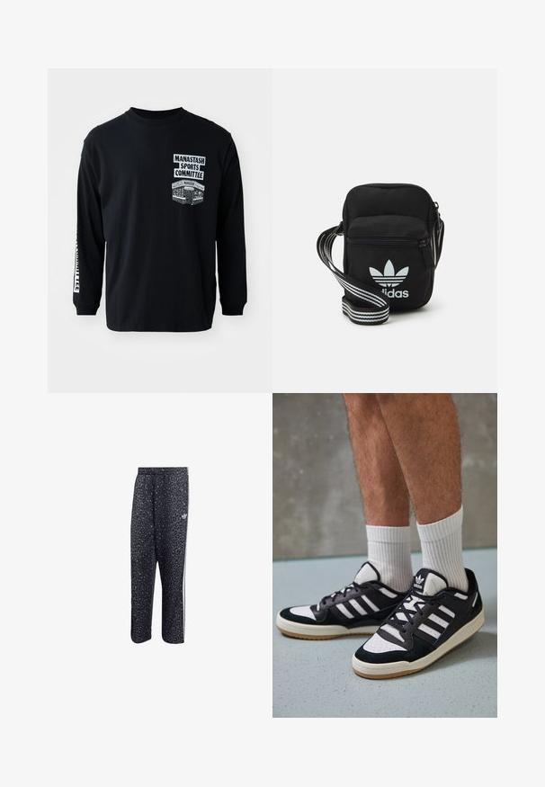 Czarna koszulka z długim rękawem i okrągłym dekoltem. Posiada białe nadruki: "Manastash Sports Committee" oraz wzór na lewej piersi.; Czarne spodnie sportowe w leopardzi wzór z białym, trójpasmowym wzorem oraz logo marki sportowej z boku.; Czarno-białe sneakersy z zamszową i skórzaną cholewką, z trzema białymi paskami, perforowanym czubkiem i gumową podeszwą w kolorze gumy.; Czarna torba crossbody wykonana z materiału, z zamknięciem na zamek błyskawiczny, z białym logo Adidas oraz regulowanym paskiem w paski, co ułatwia noszenie.