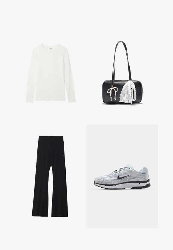 Camiseta blanca de manga larga hecha de algodón suave, con un escote redondo y un acabado liso y limpio sin ningún patrón ni acentos.; Pantalones negros acampanados hechos de material elástico, con una cintura ancha y un pequeño logo en la cadera. Textura suave y diseño de largo completo.; Zapatillas Nike P-6000 con parte superior de malla gris claro, acentos negros y suela de goma negra duradera. Presentan un diseño intrincado y un sistema de cordones.; Even&Odd Bolso de mano - black