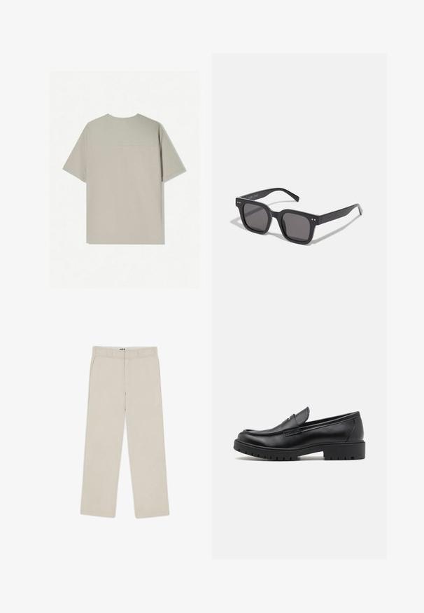 Beige puuvillane t-särk lühikeste varrukatega. Omab lihtsat disaini ja ümmargust kaelust. Sile tekstuur, tagaküljel minimaalne õmblus.; Beige leveleek pantsit sujuvalla pinnalla, jossa on vyölenkit, kaksi etutaskua ja vetoketjutaklaus. Minimalistinen muotoilu.; Mustat nahkakengät, joissa on pyöreä varvas, kenkien helposti liukuvat mallit ja paksu kumipohja, jossa on teksturoitu pito. Korotettu kanta ja hillityt ompeluyksityiskohdat.; Mustat suorakulmaiset aurinkolasit tummilla linsseillä, joissa on paksu kehys, hienovaraiset yksityiskohdat sivuilla, eikä näkyviä logoja brändin nimen lisäksi.