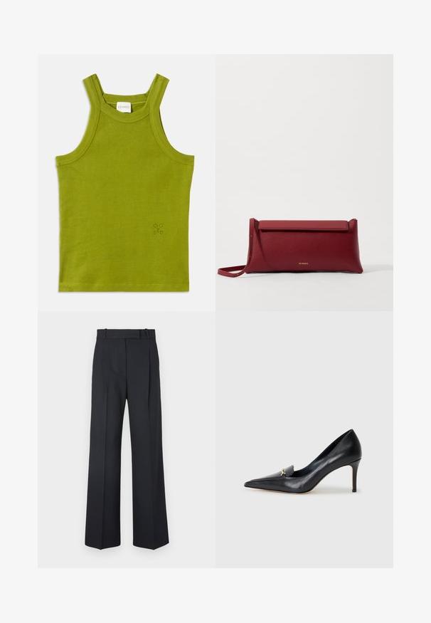 Vihreä ribbikuvioitu tanktoppi leveillä olkaimilla, jossa on pieni kohokuvioitu logo, valmistettu pehmeästä kankaasta, jossa on teksturoitu pinta.; Tummansiniset raidalliset housut, joissa on korkea vyötärö, leveät lahkeet ja ei näkyviä metalliosia tai koristeita. Sileä pinta ja räätälöity istuvuus.; Musta nahkainen korkokenkä, jossa on terävä kärki, matala leikkaus ja koristeellinen kultainen yksityiskohta. Varustettu stilettokannalla ja sileällä pinnalla.; Punainen nahkainen clutch-muoti, jossa on teksturoitu pinta, litteä taittopäällinen ja lyhyt hihna. Hienovarainen brändilogo edessä.