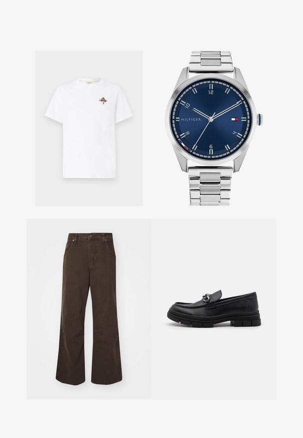Bílý bavlněný tričko s malou, barevnou květinovou grafikou a textem na levé části hrudi. Kulatý výstřih a krátké rukávy.; Hnědé široké kalhoty z bavlny, s vysokým pasem, předními kapsami a hladkou texturou. Dokončení zahrnuje jemné detaily šití.; Černé kožené mokasíny s kulatou špičkou, dekoračním páskem a kovovými prvky, a masivní texturovanou podrážkou. Hladký povrch s jemnými detaily.; Stříbrné kovové hodinky s broušeným modrým ciferníkem, bílými hodinovými indexy a zobrazením data. Mají spojený kovový pásek a logo značky.