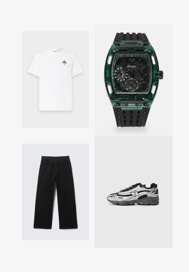 Balta medvilnė marškinėliai su mažais, spalvingais gėlių ir tekstu dekoruotais piešiniais kairėje krūtinės pusėje. Apvalus kaklas ir trumpomis rankovėmis.; Juodi plačiakelniai džinsai su klasikinio penkių kišenių dizainu ir struktūruotu juosmeniu su diržo kilpomis.; Sidabrinės ir juodos sportinės bateliai su tinkliniu viršumi, paminkštintu padu, raištelių užsegimu ir šoniniu logotipu.; Guess laikrodis su stačiakampiu žaliu plastiko korpusu, juodu tekstūruotu guminiu dirželiu ir keliais ciferblatais su ryškiais skaičiais bei akcentais.