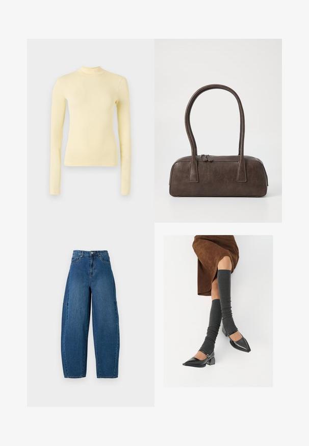 Langärmliges Rollkragenoberteil aus weichem gelbem Stoff, schlanke Passform mit hohem Ausschnitt und glatter Textur, keine sichtbaren Muster oder Beschläge.; Denimjeans in einer mittleren blauen Waschung, mit hoher Taille, weit geschnittenem Bein und dem typischen fünf Taschen Design mit sichtbaren Nahtdetails.; Schwarze lacklederne spitze Schuhe mit Blockabsatz und Knöchelriemen, kombiniert mit grauen gerippten Beinstulpen und einem braunen Wildlederrock.; Braune Lederhandtasche mit zwei stabilen Griffen, rechteckiger Form, glatter Oberfläche und Reißverschluss. Minimalistisches Design ohne sichtbare Muster.