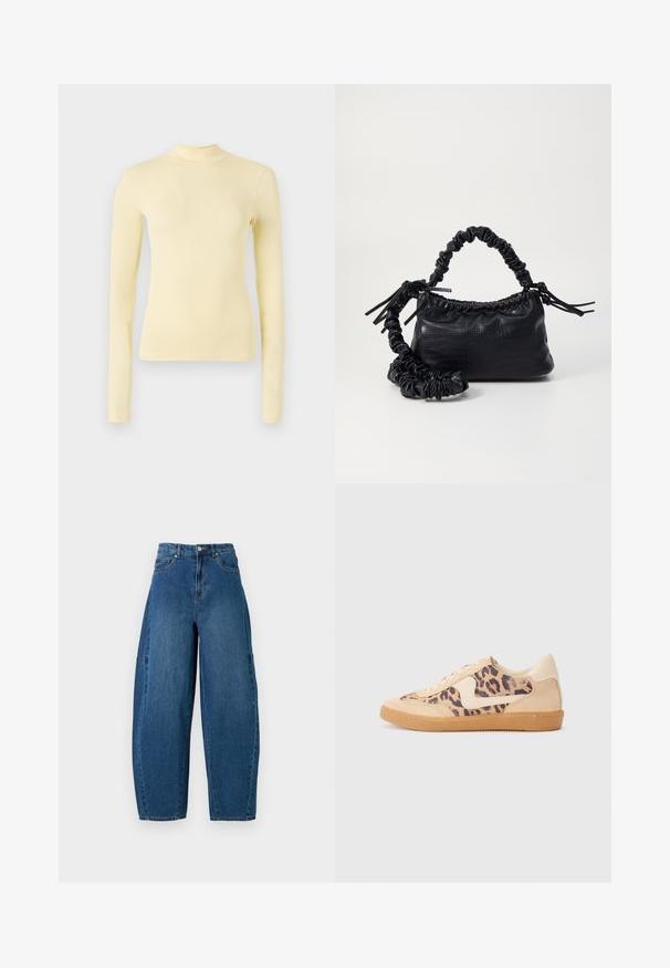 Tricou cu mânecă lungă și guler înalt dintr-un material galben deschis, cu o croială ajustată, guler înalt și textură netedă, fără modele vizibile sau accesorii.; Jeans din denim cu o nuanță medie de albastru, având talie înaltă, tăietură cu picioare largi și un design standard cu cinci buzunare, cu detalii de cusătură vizibile.; Tenisi cu imprimeu de leopard, cu partea superioară din suede bej, talpă din cauciuc maro și accente albe. Vârf rotund și design cu șireturi, cu un finisaj texturat.; Geantă din faux leather neagră cu textură de crocodil, cu partea superioară strânsă și o curea mototolită. Pare moale și compactă ca design.