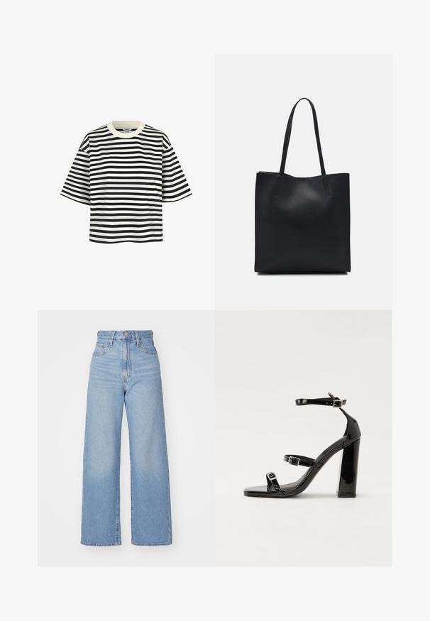 Mustvalge triibuline lühikeste varrukatega T-särk, ümarate kaelustega ja vabalt istuv. Kangas tundub sile, ühtlaselt paigutatud horisontaalsed triibud.; Heledad sinine kõrge vöökohaga laiad teksad, ees nupp ja tõmblukk, ees ja taga taskud, valge tausta peal.; Mustad läikiva lakknahaga kõrge kontsaga sandaalid kahe pandlaga, kandilised varbad ja jäme plokk-kontsaosa, millel on sile ja läikiv tekstuur.; Mustast nahast kott sujuva tekstuuriga, ristkülikukujuline ja kahe pika sangaga. Pole nähtavat riistvara ega kaunistusi.