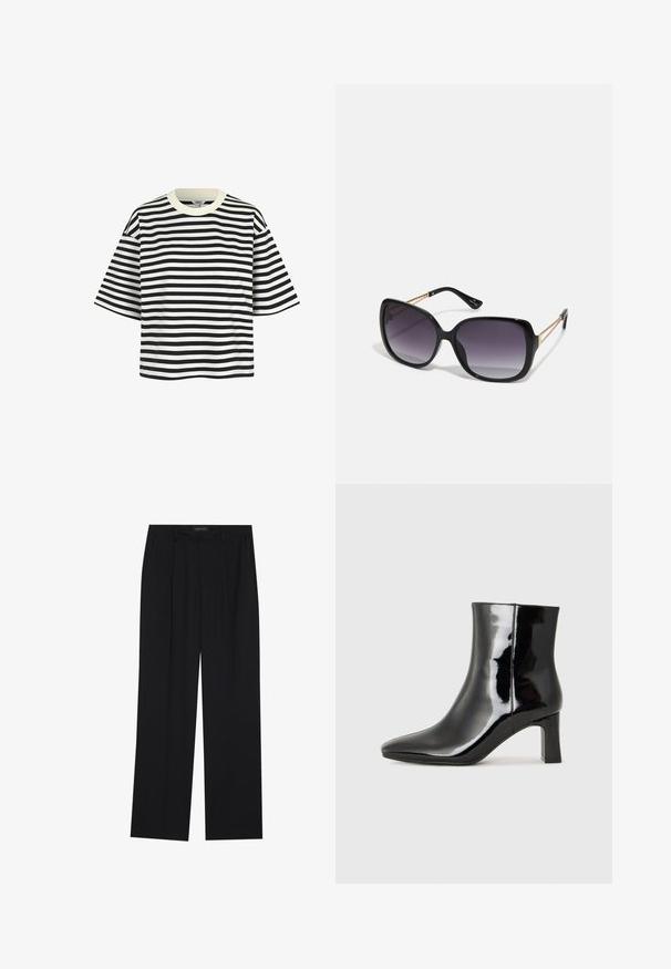 Camiseta de manga corta a rayas blanco y negro con cuello redondo y corte holgado. La tela parece suave, con rayas horizontales espaciadas uniformemente.; Pantalones negros con un diseño de pierna recta, que cuentan con dos bolsillos frontales y una cinturilla. Fabricados con una tela suave y ligera.; Botín de charol negro con punta afilada y un tacón de bloque de altura media. Textura suave y diseño minimalista.; Gafas de sol negras de gran tamaño con lentes degradados, montura gruesa y detalles de cadena en tono dorado en las patillas.; Bolso negro con forma estructurada, textura suave y un cierre metálico. Combinado con pantalones anchos negros y sandalias de dedo en un suelo de madera.