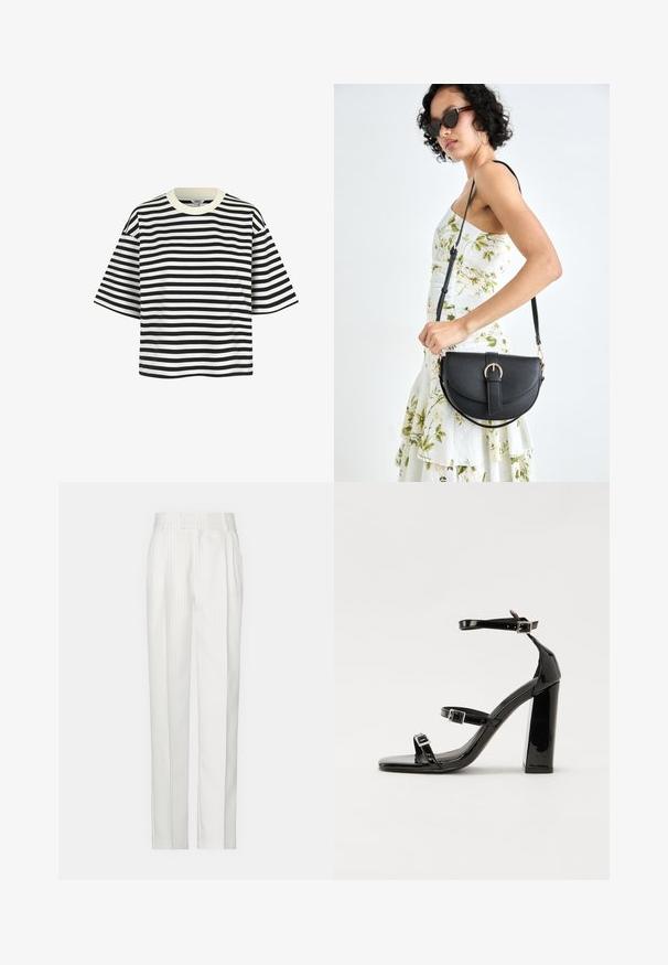 Fekete-fehér csíkos, rövid ujjú póló, kerek nyakkal és laza szabással. Az anyag sima megjelenésű, egyenletesen elhelyezkedő vízszintes csíkokkal.; Fehér csíkozott nadrág, egyenes lábformával, könnyű anyagból készült. Elöl plisszírozott rész és hagyományos derékszíj jellemzi.; Fekete lakk magas sarkú szandál két csatos pánttal, négyzet alakú orral és tömzsi blokk sarokkal, sima, fényes felülettel.; Fekete bőrtáska ívelt formával, levehető pánttal és arany színű fémrészekkel. A táskán egy csattal díszített fedél található.