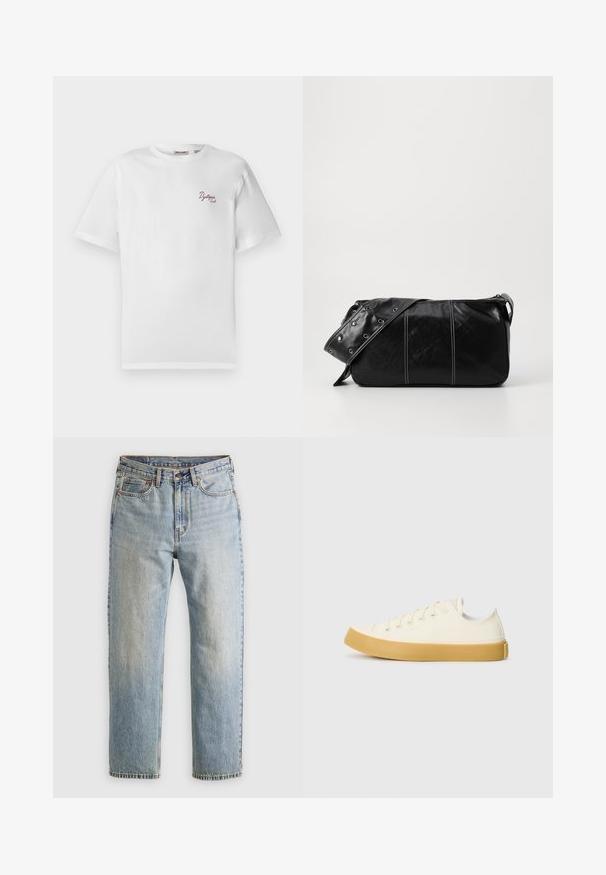 Witte T-shirt met korte mouwen en kleine bordeauxrode tekst "Dystopia Sounds" op de linkerkant van de borst, ronde hals, op een effen achtergrond.; Lichtblauwe denim jeans met hoge taille, frontknop, rits en vijfzakkenontwerp, plat gelegd op een neutrale achtergrond.; Canvas sneakers in off-white met een ronde neus, voorzien van beige rubberen zolen en vijf oogjes voor veters, met een gestructureerde afwerking op de bovenkant.; Zwarte leren schoudertas met een ritsluiting, voorzien van een gestructureerd lichaam, witte stiksels en een band met zilveren oogjes.
