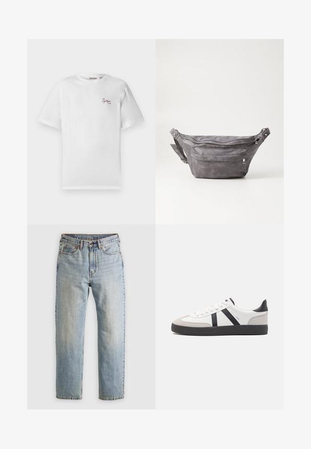 Biele tričko s krátkym rukávom a malým vínovočerveným textom "Dystopia Sounds" na ľavej hrudi, okrúhly výstrih, jednoduché pozadie.; Svetlomodré džínsy s vysokým pásom, predným gombíkom, zipsom a dizajnom s piatimi vreckami, rozložené na neutrálnom pozadí.; Biele tenisky s čiernymi a šedými akcentmi, s textúrovanou šedou špičkou, čiernou gumovou podrážkou a plochými bielymi šnúrkami. Čistý dizajn, minimalistický štýl.; Sivá semišová ľadvinka s okrúhlym tvarom, dvoma zipsovými priehradkami a nastaviteľným popruhom. Obsahuje kovové prvky.