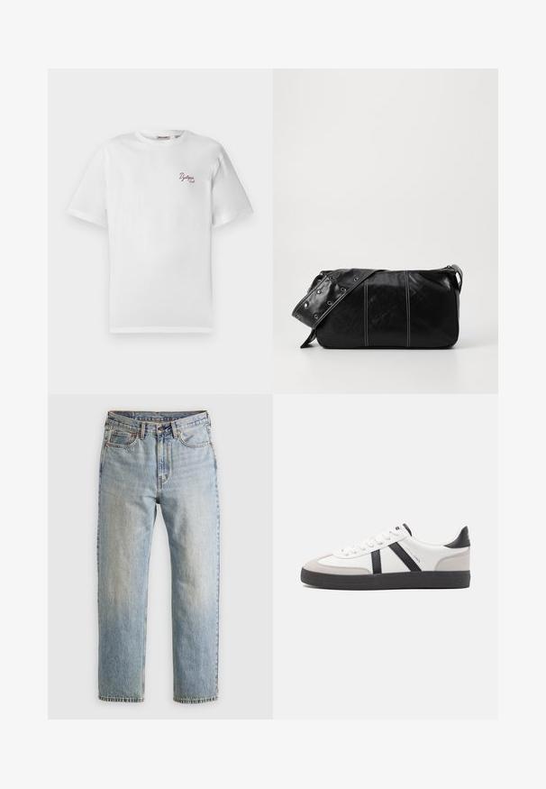 Witte T-shirt met korte mouwen en kleine bordeauxrode tekst "Dystopia Sounds" op de linkerkant van de borst, ronde hals, op een effen achtergrond.; Lichtblauwe denim jeans met hoge taille, frontknop, rits en vijfzakkenontwerp, plat gelegd op een neutrale achtergrond.; Witte sneaker met zwarte en grijze accenten, voorzien van een grijze neus met textuur, zwarte rubberen zool en platte witte veters. Schoon ontwerp, minimalistische stijl.; Zwarte leren schoudertas met een ritsluiting, voorzien van een gestructureerd lichaam, witte stiksels en een band met zilveren oogjes.