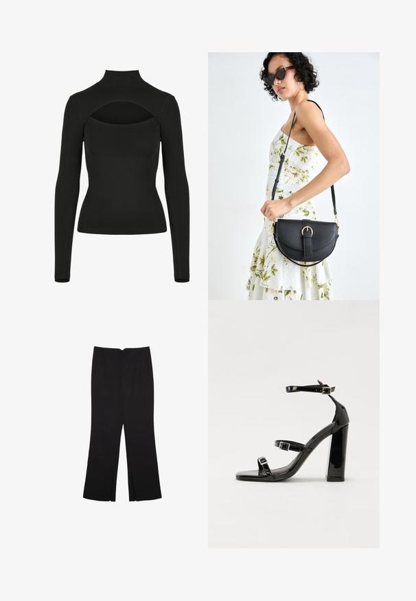 Schwarzes Langarmoberteil mit hohem Kragen und offenem Rücken. Hergestellt aus glattem Stoff, enganliegende Form und flache Nähte für Komfort.; Schwarze Hose mit geradem Schnitt, ausgestattet mit Fronttaschen und Seitenschlitzen am Saum. Hergestellt aus weichem, glattem Stoff. Geeignet für verschiedene Anlässe.; Schwarze Lackleder-Sandalen mit hohen Absätzen, zwei Riemen mit Schnallen, quadratischer Zehenpartie und klobigem Blockabsatz, mit einer glatten, glänzenden Textur.; Schwarze Lederhandtasche mit geschwungener Form, abnehmbarem Tragegurt und goldenen Beschlägen. Die Tasche verfügt über einen Deckel mit einer Schnallen-Details.