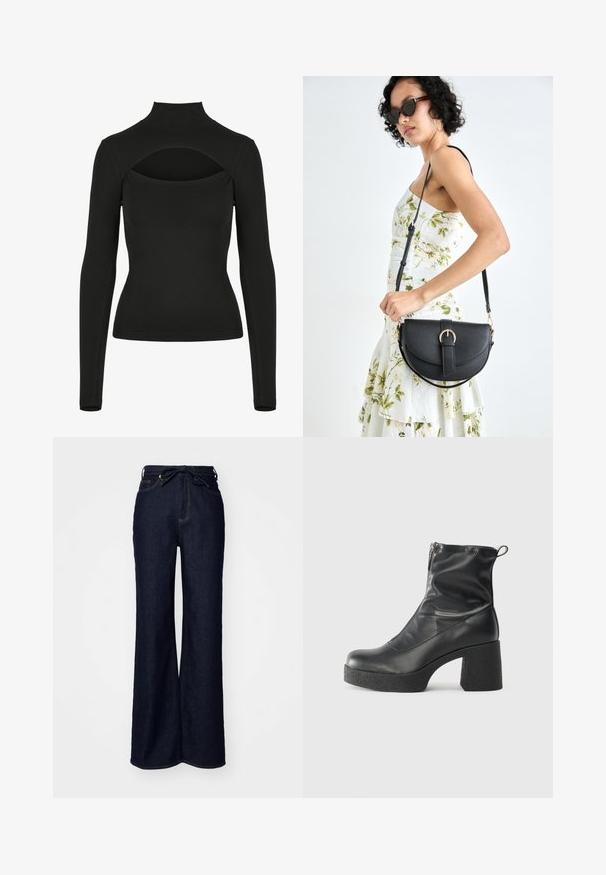 Sort langærmet bluse med høj hals og åben rygdesign. Lavet af glat stof, tætsiddende form og flade sømme for komfort.; Mørkeblå brede bukser lavet af denim, med høj talje, forlommer og en bindebåndslukning i taljen.; Sorte ankelstøvler lavet af glat læder, med en sidelukning, kraftig struktureret hæl og rundt tådesign.; Sort læderhåndtaske med en buet form, aftagelig rem og guldfinish. Tasken har en klap med en spænde detalje.