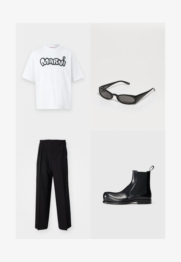 Valge lühikeste varrukatega T-särk, ülekaalulise lõikega, mille ees keskosas on mustad rasvased mullikirjad, mis kirjutavad "MARNI".; Mustad volditud püksid sirge ja laia säärega disainiga. Valmistatud siledast kangast, millel on nuppudega sulgemine ja vööaasad.; Mustmustast musta nahast Chelsea saapad elastsete külgepaneelidega, ümarate varvaste ja tekstureeritud põhjaosaga. Disain rõhutab üleva, modernset profiili.; Henrik Vibskov MEGAN SUNGLASSES UNISEX - Päikeseprillid - black