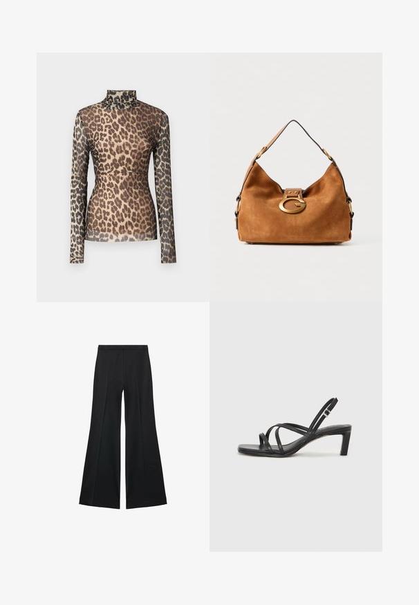 Leopard print long-sleeve top with a high neck, featuring a sheer fabric and varying shades of brown and black spots on a beige background.; Black wide-leg pants with a smooth texture, featuring front pleats and a tailored design. The fabric is lightweight and flowy.; Black strappy sandal with a square toe and a low block heel. Features multiple thin straps and an adjustable ankle strap. Made of smooth leather.; Brown suede handbag with a rounded shape, a gold-tone hardware clasp, and a contrasting black trim. Features a single shoulder strap for carrying.