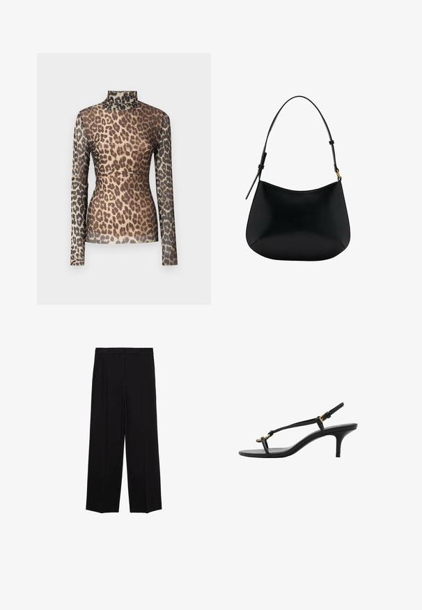 Langærmet top med leopardprint og høj hals, der har et gennemsigtigt stof og varierende nuancer af brune og sorte pletter på en beige baggrund.; Sorte brede bukser med en glat stof, der har folder foran og sidelommer, designet med en lige, afslappet pasform.; Sort læder kitten hæl sandal med tynde stropper, guldspænde og minimalistisk tå løkke på en hvid baggrund.; Sort læder skuldertaske med en glat tekstur, buet form og justerbar hank. Har minimal syning og et enkelt design.