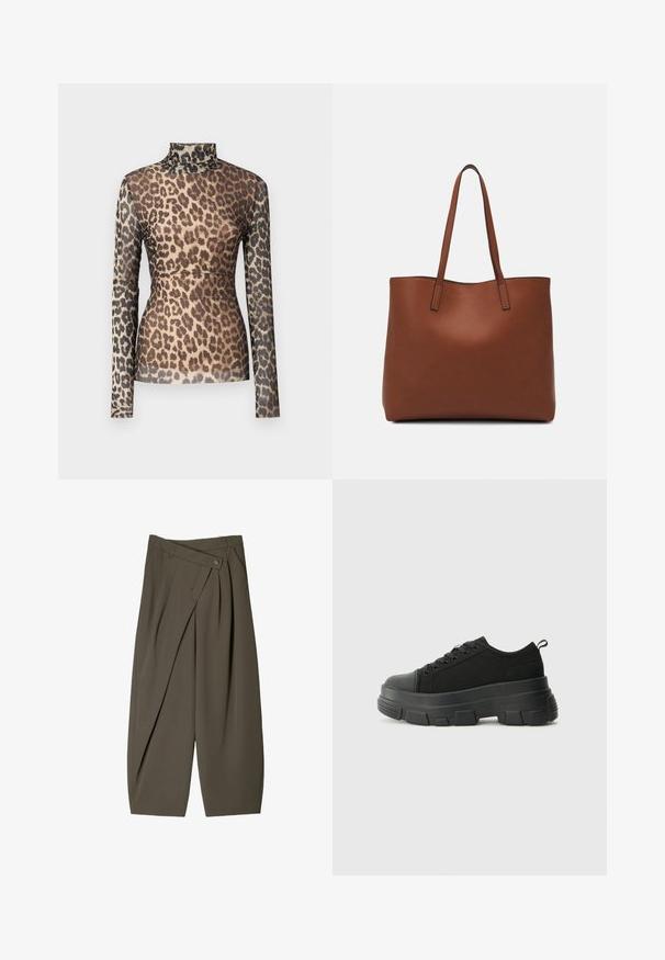 Langærmet top med leopardprint og høj hals, der har et gennemsigtigt stof og varierende nuancer af brune og sorte pletter på en beige baggrund.; Bredde-bukser i mørke olivengrønne stoffer, med en plisseret frontdesign, en knaplukning og en poleret, struktureret overflade.; Sorte sneakers med en kraftig gummisål, tekstureret stofoverdel, rund tå og snørredesign. Har forstærkede snørrehuller og en trækkrog bagpå.; Brun læder tote taske med en glat overflade, åben topdesign og to skulderremme. Har minimal syning og ingen synlig hardware.