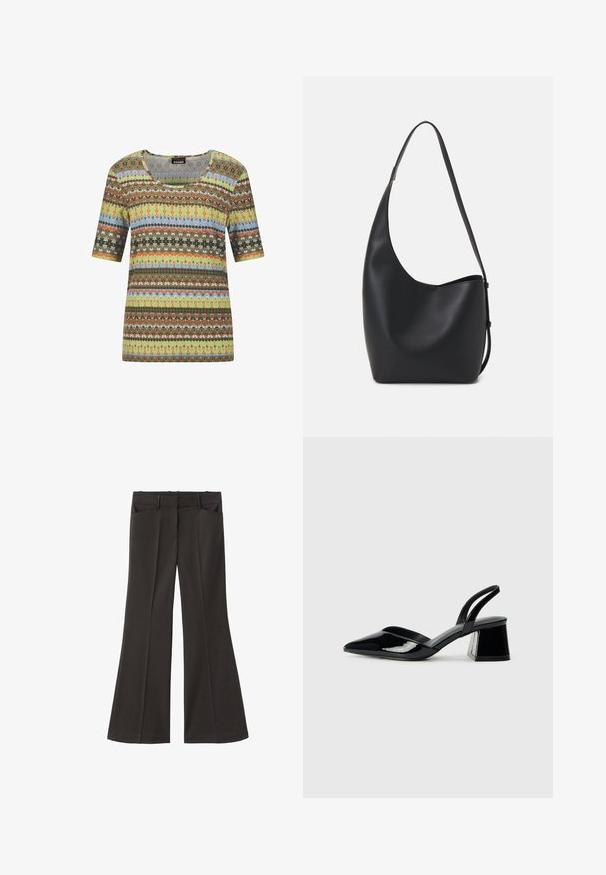Kurzärmliges T-Shirt mit rundem Halsausschnitt, aus leichtem Stoff mit einem mehrfarbigen Muster in Grün, Orange, Blau und Braun.; Schwarze, weit geschnittene Hosen mit hoher Taille; verfügt über zwei Fronttaschen und eine glatte Stoffoberfläche. Geeignet für verschiedene Anlässe.; Schwarze Lackleder-Slingback-High Heels mit spitzem Schuh und einem geometrischen Blockabsatz. Verfügt über ein schlankes, minimalistisches Design und eine glatte Textur.; Schwarze Leder-Hobo-Tasche mit einer glatten Textur, geschwungener Form und einem einzelnen verstellbaren Tragegurt; verfügt über eine weite Öffnung am oberen Ende.