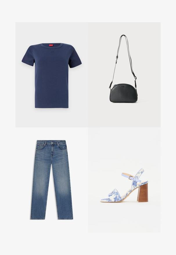 Námorníckomodrá bavlnená tričko s okrúhlym výstrihom, krátkymi rukávmi a reliéfnym logom na hrudi. Hladká textúra, klasický strih.; Svetlomodré rifľové nohavice so rovnými nohavicami, piatimi vreckami a jemným vyblednutím. Majú štandardný pás a kontrastné šitie.; Modré sandále s kvetinovým vzorom, so štvorcovou špičkou, širokým popruhom a nastaviteľným členkovým popruhom, s textúrovaným dreveným blokovým podpätkom.; Čierna kožená crossbody taška s okrúhlym tvarom, dvoma nastaviteľnými popruhmi a decentným logom vpredu. Textúrovaný exteriér, minimalistický dizajn.