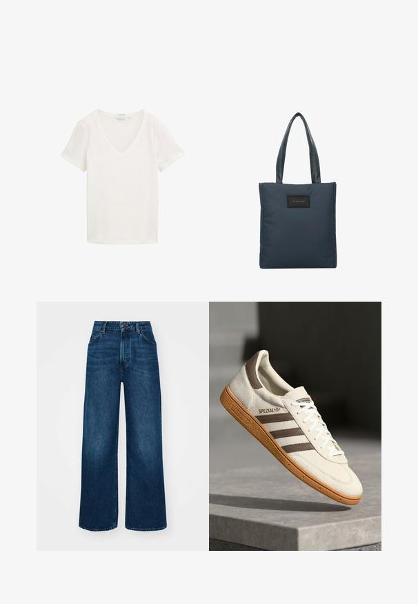 Vienkārša baltā īsām piedurknēm V-veida kakla T-kreklu, izgatavots no organiskās kokvilnas, novietots uz baltas fona.; Augsti vidukļa, plata kāju džinsi tumši zilā denima ar gludu tekstūru, kontrastējošu šuvju un piecu kabatu dizainu. Priekšpuses pogu aizdare.; Baltas zamšs tenisbiks ar brūniem ādas akcentiem, trim brūnām svītrām un baltām auklām. Iezīmējas ar teksturētu gumijas zoli un zelta "SPEZIAL" logo.; Tumši zilā pleca soma, kas izgatavota no gludas neilona, ar divām teksturētām rokturiem un melnu taisnstūrveida logotipa plāksni priekšā.
