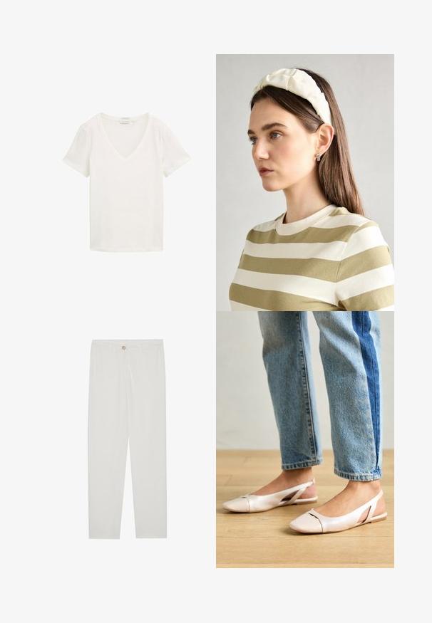 Camiseta blanca de manga corta y escote en V, hecha de algodón orgánico, presentada plana sobre un fondo blanco.; Pantalones blancos, ajustados, con un diseño de pierna recta, que cuentan con un cierre de botón, lazos para cinturón y bolsillos laterales; textura de tela suave.; Bailarinas de color rosa pálido con tiras traseras y punta puntiaguda, fabricadas con un material similar al cuero suave. Presentan detalles recortados en los laterales y un tacón plano.; Diadema acolchada crema con diseño trenzado, acompañada de una camiseta de rayas beige y blanca con cuello redondo. Sutiles acentos de joyería.