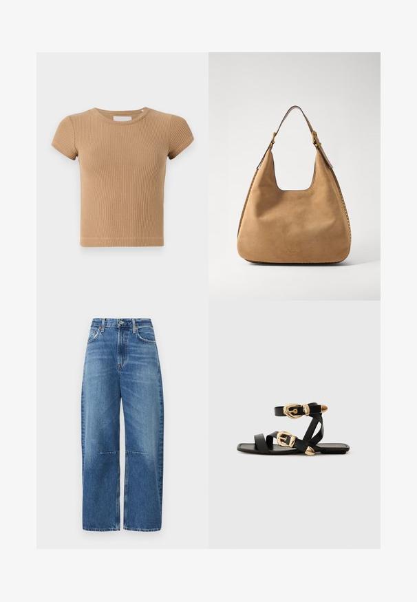 Light brown ribbed short-sleeve t-shirt with a round neckline and fitted design. Soft texture with minimal stitching details.; Wide-leg blue denim jeans, featuring a high waist, classic five-pocket design, and visible reinforced stitching along seams.; Black leather sandals with gold buckle accents, featuring multiple straps and a flat sole design for open-toe wear.; Tan leather shoulder bag with a rounded shape, smooth texture, and a contrasting gold hardware accent. Features a wide shoulder strap.
