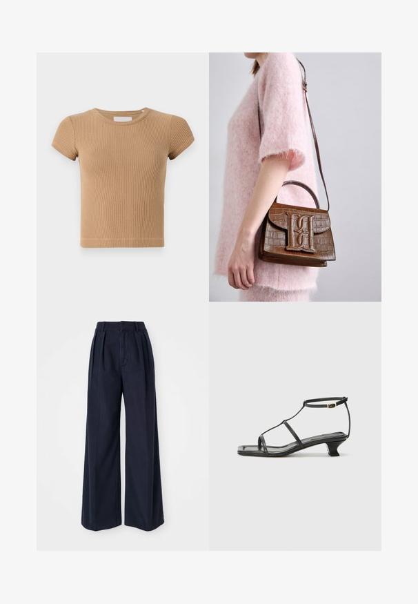 Világosbarna, bordázott, rövid ujjú póló kerek nyakkivágással és testhez simuló szabással. Puha tapintású, minimális varrási részletekkel.; Sötét tengerészkék, bő szárú vászontartó nadrág, elöl pliszékkel, magas derékkal, cipzáras felsőrésszel és gombos záródással.; Fekete bőr szandál, négyzet alakú orral, vékony pántokkal, állítható bokapánttal és alacsony sarokkal. A pánton egy kis arany dísz található.; Barna krokodilbőr mintázatú kézitáska, tetején fogantyúval és vállpánttal. A túloldalán egy hangsúlyos logó található. Puha tapintású.