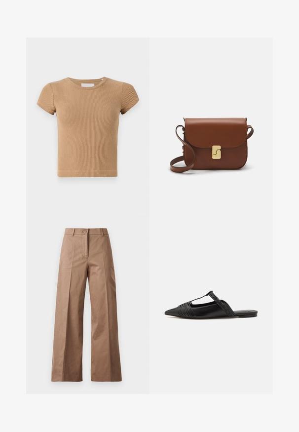 Gaiši brūns ribots īsām piedurknēm T-krekls ar apaļu kakla izgriezumu un pieguļošu siluetu. Mīksta tekstūra ar minimālām šuvēm.; Brūni platajās kājas bikses, izgatavotas no gludas auduma, ar priekšējo pogu aizdari, divām priekšējām kabatām un tīrām, pielāgotām līnijām.; Melnas ādas slingback kurpes ar norādītu purngali, kurām ir austoša akcenta un krokota augšdaļa. Plakana zole ar minimālu aparatūru.; Bordo ādas rokas soma ar atloku, zeltītām detaļām, plecu siksnu un gludu virsmu. Kompakta, taisnstūrveida forma.