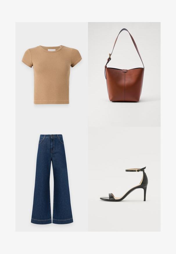 Világosbarna, bordázott, rövid ujjú póló kerek nyakkivágással és testhez simuló szabással. Puha tapintású, minimális varrási részletekkel.; Magas derekú, széles lábú kék farmernadrág, gombos záródással, övhurkokkal és diszkrét varrási részletekkel a zsebeknél és a szegélyeknél.; Fekete bőr magassarkú szandál bokapánttal. Simább textúrájú, nyitott orrú és vékony sarkú. Arany színű csat részlet.; Barna bőr válltáska ívelt formával, sima felülettel és egy vékony pánttal. Diszkrét varrással és kis logóval rendelkezik.