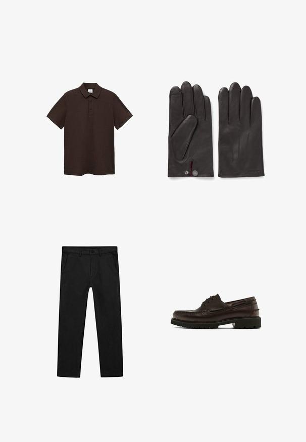 Mango SEERP - Polotričko - brown; Černé bavlněné kalhoty s rovnými nohavicemi, předními kapsami a klasickým zapínáním na knoflík se zipem. Hladká textura, střih na míru.; Hnědá kožená bota ve stylu lodních bot s šitým špičkovým mokasínovým designem, gumovou podrážkou a kovovými průchodkami na tkaničky, s nízkým profilovým designem.; HUGO JAAN - Rukavice - dark brown four