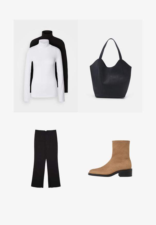 Dwa długie topy z kołnierzem typu golf, jeden biały, a drugi czarny, wykonane z gładkiego, elastycznego materiału, oba o dopasowanym kroju i wysokich kołnierzach.; Czarne spodnie o prostym kroju, z przednimi kieszeniami i bocznymi rozcięciami na dole. Wykonane z miękkiego, gładkiego materiału. Odpowiednie na różne okazje.; Beżowe zamszowe botki za kostkę z kwadratowym noskiem, niskim słupkowym obcasem i bezszwem designem. Posiada delikatne przeszycia wzdłuż krawędzi.; Czarna torba na ramię wykonana z gładkiej skóry, z zaokrąglonym, otwartym topem i dwoma paskami na ramię oraz minimalistycznym designem.