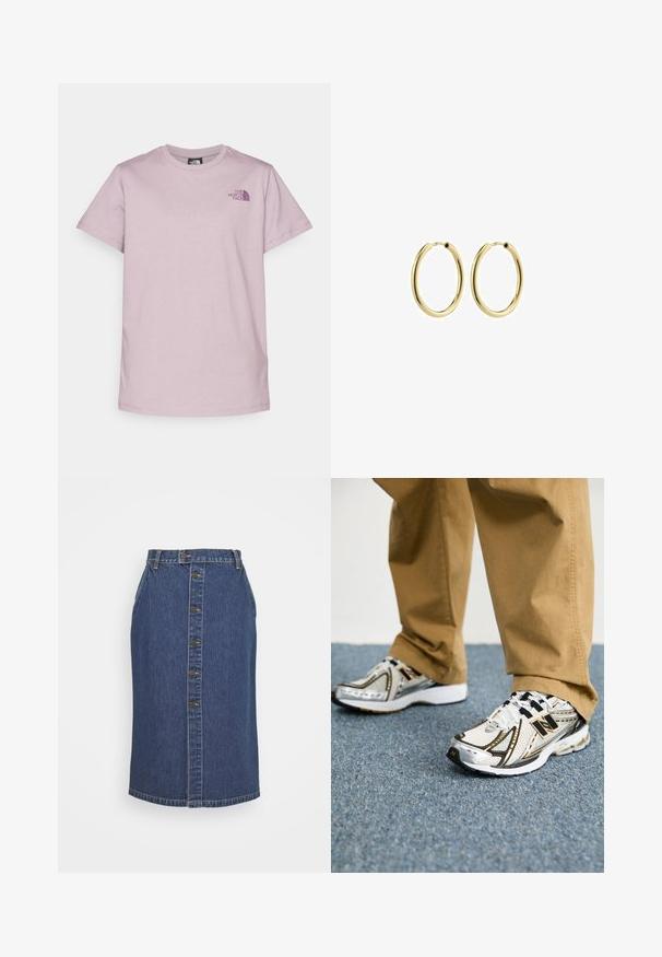 The North Face BOX RELAXED TEE - T-shirt con stampa - purple chalk/midnight mauve; Gonna a tubino in denim blu scuro, con chiusura frontale a bottoni, dettagli con cuciture verticali e un orlo classico.; Sneaker New Balance bianchi e argentati con accenti e lacci neri, caratterizzati da una tomaia in mesh, una suola ammortizzata e un design dinamico.; Orecchini ad anello in metallo dorato con una finitura liscia, forma circolare e una chiusura sicura. Superficie lucida senza motivi o decorazioni visibili.