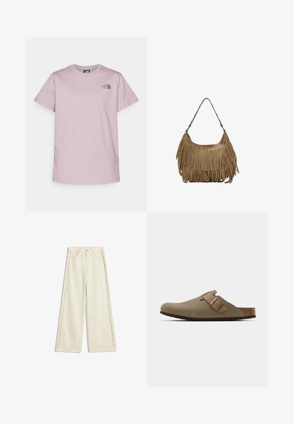 The North Face BOX RELAXED TEE - T-shirt con stampa - purple chalk/midnight mauve; Jeans a gamba larga color crema chiaro con accenti in metallo lungo le cuciture esterne, cinque tasche e chiusura a bottone standard.; Zoccoli marroni con una finitura liscia opaca. Presentano una borsa in bronzo prominente sul lato. Sottopiede in sughero e suola in gomma per il comfort.; Borsa a tracolla in suede marrone con lunghi dettagli in frange, forma curva e una singola tracolla. Presenta una superficie liscia e testurizzata.